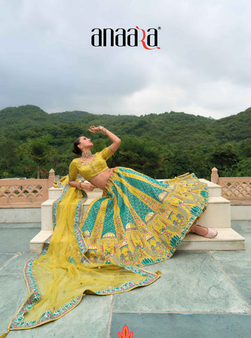Beautiful Traditional Designer Elegant Teal Yellow Embroidery Work Cut Work Zari Kanjivaram With Bandej Lehenga - 7408